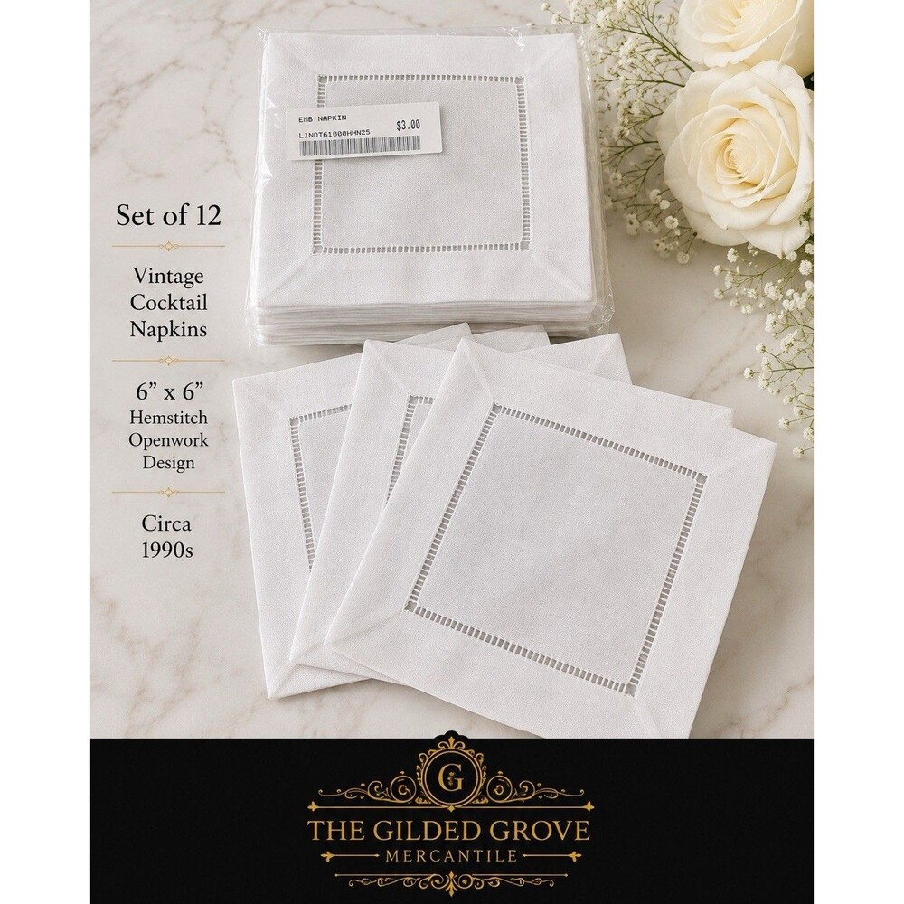 Vintage 1990s White Linen Cocktail Napkins 6x6 Hemstitch Openwork Set of 12 NOS